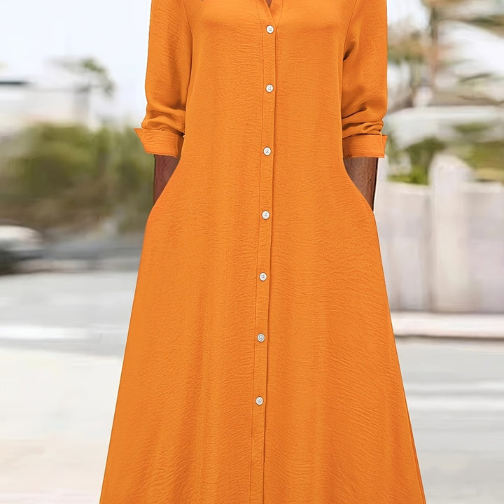 Paloma™-ชุดเดรสเชิ้ตแขนยาวสีพื้นหน้าแบบปุ่ม