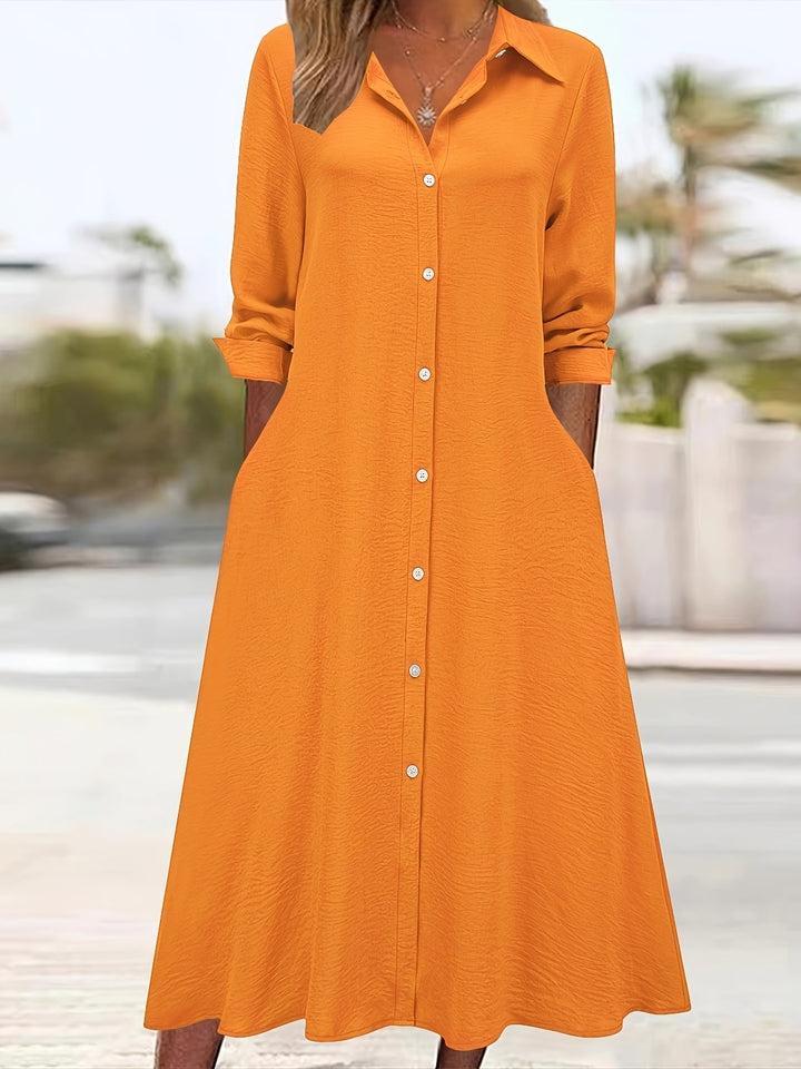 Paloma™-ชุดเดรสเชิ้ตแขนยาวสีพื้นหน้าแบบปุ่ม